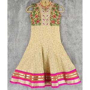 Womens Juniors Dress 30 Yellow Metallic Pink Floral Embroidered Indie Flare Midi